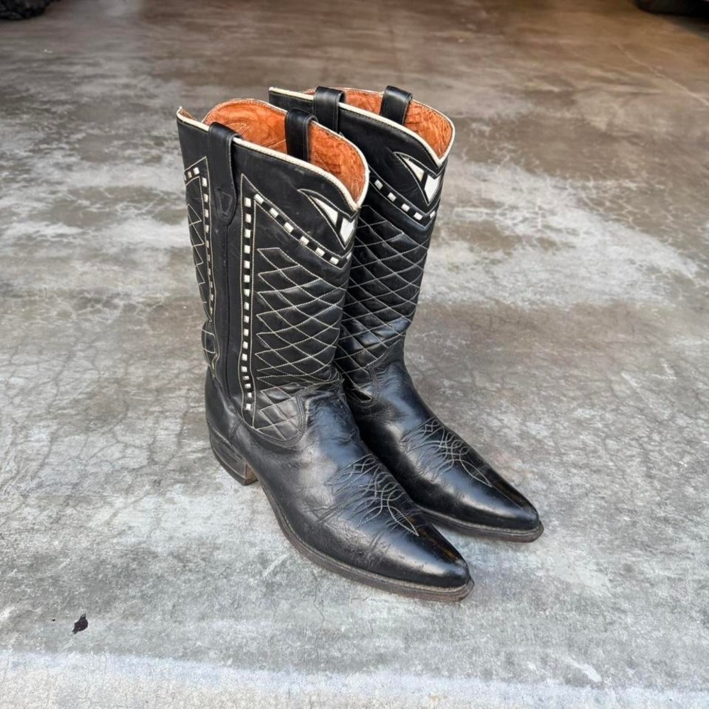 True vintage ACME black leather diamond stitch inlay western cowboy boots - Picture 6 of 8
